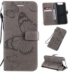 Embossing 3D Butterfly Leather Wallet Case for Samsung Galaxy A80 A90 - Gray