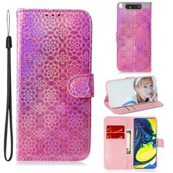 Laser Circle Shining Leather Wallet Phone Case for Samsung Galaxy A80 A90 - Pink