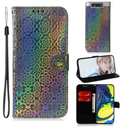 Laser Circle Shining Leather Wallet Phone Case for Samsung Galaxy A80 A90 - Silver