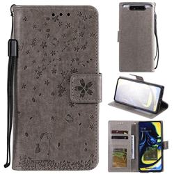 Embossing Cherry Blossom Cat Leather Wallet Case for Samsung Galaxy A80 A90 - Gray
