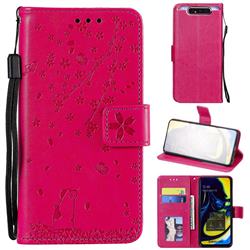 Embossing Cherry Blossom Cat Leather Wallet Case for Samsung Galaxy A80 A90 - Rose