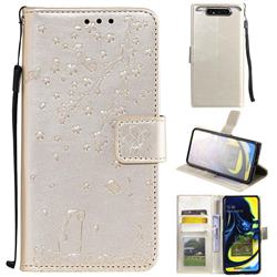Embossing Cherry Blossom Cat Leather Wallet Case for Samsung Galaxy A80 A90 - Golden