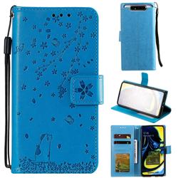 Embossing Cherry Blossom Cat Leather Wallet Case for Samsung Galaxy A80 A90 - Blue
