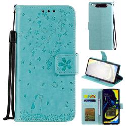 Embossing Cherry Blossom Cat Leather Wallet Case for Samsung Galaxy A80 A90 - Green