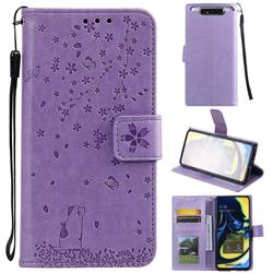 Embossing Cherry Blossom Cat Leather Wallet Case for Samsung Galaxy A80 A90 - Purple