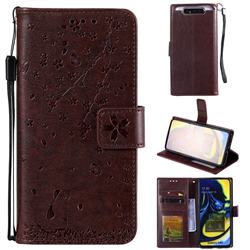 Embossing Cherry Blossom Cat Leather Wallet Case for Samsung Galaxy A80 A90 - Brown