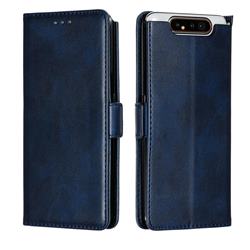 Retro Classic Calf Pattern Leather Wallet Phone Case for Samsung Galaxy A80 A90 - Blue