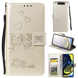 Embossing Owl Couple Flower Leather Wallet Case for Samsung Galaxy A80 A90 - Golden