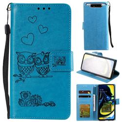 Embossing Owl Couple Flower Leather Wallet Case for Samsung Galaxy A80 A90 - Blue