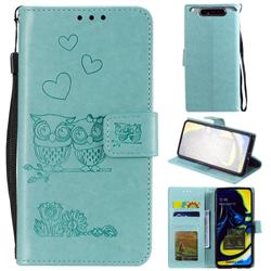 Embossing Owl Couple Flower Leather Wallet Case for Samsung Galaxy A80 A90 - Green