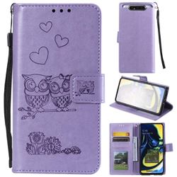 Embossing Owl Couple Flower Leather Wallet Case for Samsung Galaxy A80 A90 - Purple