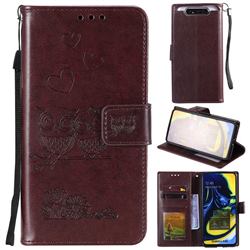 Embossing Owl Couple Flower Leather Wallet Case for Samsung Galaxy A80 A90 - Brown