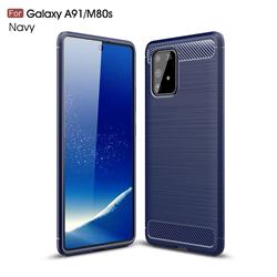 Luxury Carbon Fiber Brushed Wire Drawing Silicone TPU Back Cover for Samsung Galaxy A91 - Navy