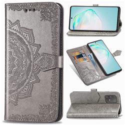 Embossing Imprint Mandala Flower Leather Wallet Case for Samsung Galaxy A91 - Gray