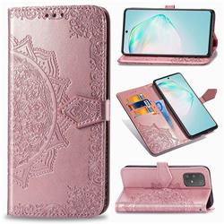 Embossing Imprint Mandala Flower Leather Wallet Case for Samsung Galaxy A91 - Rose Gold