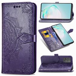 Embossing Imprint Mandala Flower Leather Wallet Case for Samsung Galaxy A91 - Purple