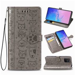 Embossing Dog Paw Kitten and Puppy Leather Wallet Case for Samsung Galaxy A91 - Gray