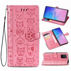 Embossing Dog Paw Kitten and Puppy Leather Wallet Case for Samsung Galaxy A91 - Pink
