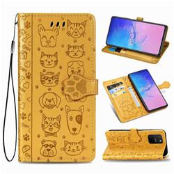 Embossing Dog Paw Kitten and Puppy Leather Wallet Case for Samsung Galaxy A91 - Yellow