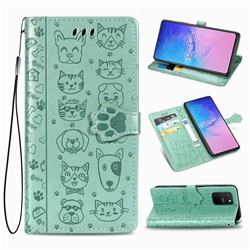 Embossing Dog Paw Kitten and Puppy Leather Wallet Case for Samsung Galaxy A91 - Green