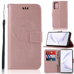 Intricate Embossing Owl Campanula Leather Wallet Case for Samsung Galaxy A91 - Rose Gold