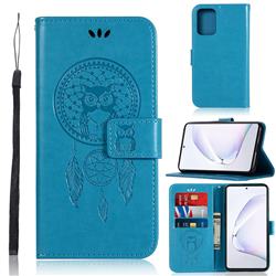Intricate Embossing Owl Campanula Leather Wallet Case for Samsung Galaxy A91 - Blue