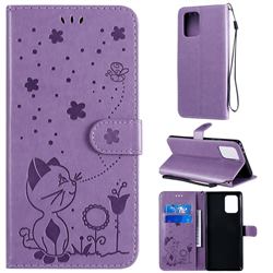 Embossing Bee and Cat Leather Wallet Case for Samsung Galaxy A91 - Purple
