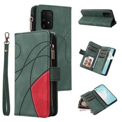 Luxury Two-color Stitching Multi-function Zipper Leather Wallet Case Cover for Samsung Galaxy A91 - Green