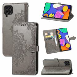 Embossing Imprint Mandala Flower Leather Wallet Case for Samsung Galaxy F62 - Gray
