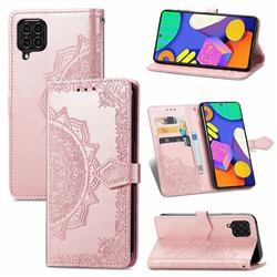 Embossing Imprint Mandala Flower Leather Wallet Case for Samsung Galaxy F62 - Rose Gold