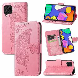 Embossing Mandala Flower Butterfly Leather Wallet Case for Samsung Galaxy F62 - Pink
