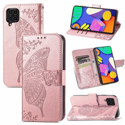 Embossing Mandala Flower Butterfly Leather Wallet Case for Samsung Galaxy F62 - Rose Gold