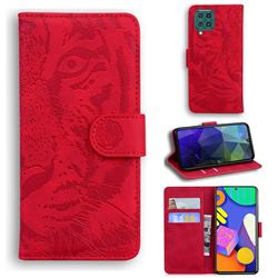 Intricate Embossing Tiger Face Leather Wallet Case for Samsung Galaxy F62 - Red
