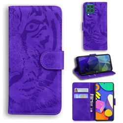 Intricate Embossing Tiger Face Leather Wallet Case for Samsung Galaxy F62 - Purple