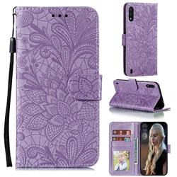 Intricate Embossing Lace Jasmine Flower Leather Wallet Case for Samsung Galaxy M01 - Purple