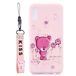 Pink Flower Bear Soft Kiss Candy Hand Strap Silicone Case for Samsung Galaxy M10