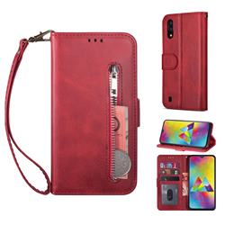 Retro Calfskin Zipper Leather Wallet Case Cover for Samsung Galaxy M10 - Red