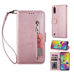 Retro Calfskin Zipper Leather Wallet Case Cover for Samsung Galaxy M10 - Rose Gold