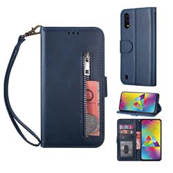 Retro Calfskin Zipper Leather Wallet Case Cover for Samsung Galaxy M10 - Blue