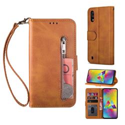 Retro Calfskin Zipper Leather Wallet Case Cover for Samsung Galaxy M10 - Brown