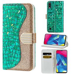 Glitter Diamond Buckle Laser Stitching Leather Wallet Phone Case for Samsung Galaxy M10 - Green
