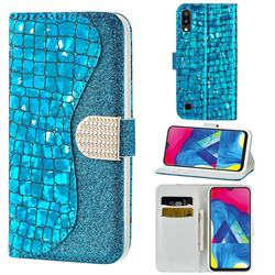 Glitter Diamond Buckle Laser Stitching Leather Wallet Phone Case for Samsung Galaxy M10 - Blue