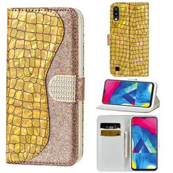 Glitter Diamond Buckle Laser Stitching Leather Wallet Phone Case for Samsung Galaxy M10 - Gold