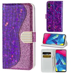 Glitter Diamond Buckle Laser Stitching Leather Wallet Phone Case for Samsung Galaxy M10 - Purple