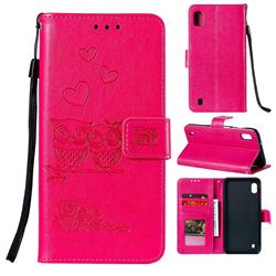 Embossing Owl Couple Flower Leather Wallet Case for Samsung Galaxy M10 - Red