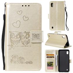 Embossing Owl Couple Flower Leather Wallet Case for Samsung Galaxy M10 - Golden