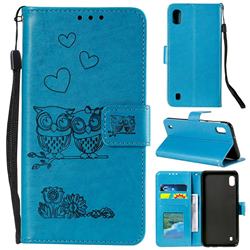 Embossing Owl Couple Flower Leather Wallet Case for Samsung Galaxy M10 - Blue