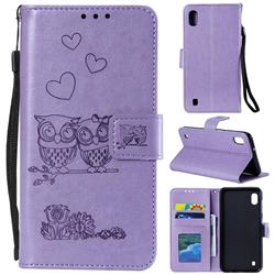 Embossing Owl Couple Flower Leather Wallet Case for Samsung Galaxy M10 - Purple