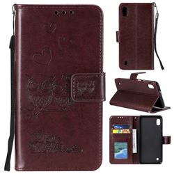 Embossing Owl Couple Flower Leather Wallet Case for Samsung Galaxy M10 - Brown