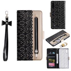 Luxury Lace Zipper Stitching Leather Phone Wallet Case for Samsung Galaxy M10 - Black